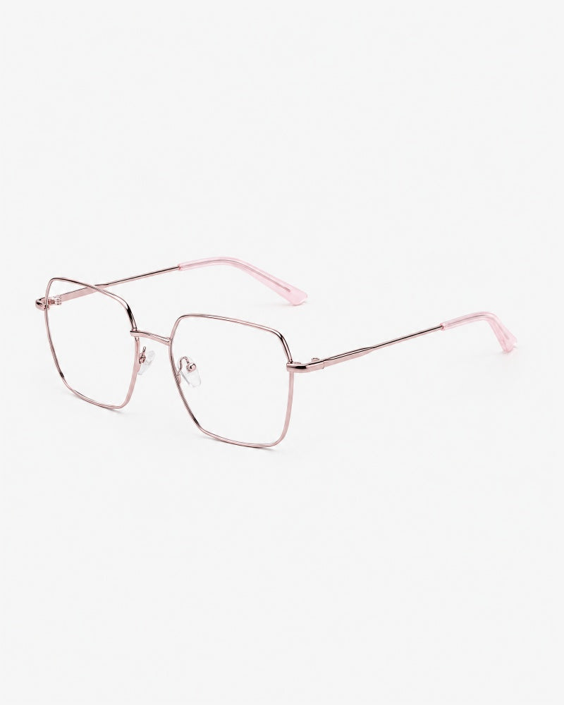 Lunettes de vue POL0105-C2 100% Santé — monture métal rose, vue de trois-quarts