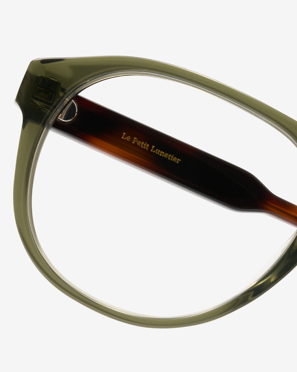 Monture optique Seymour Olive — gros plan sur la branche