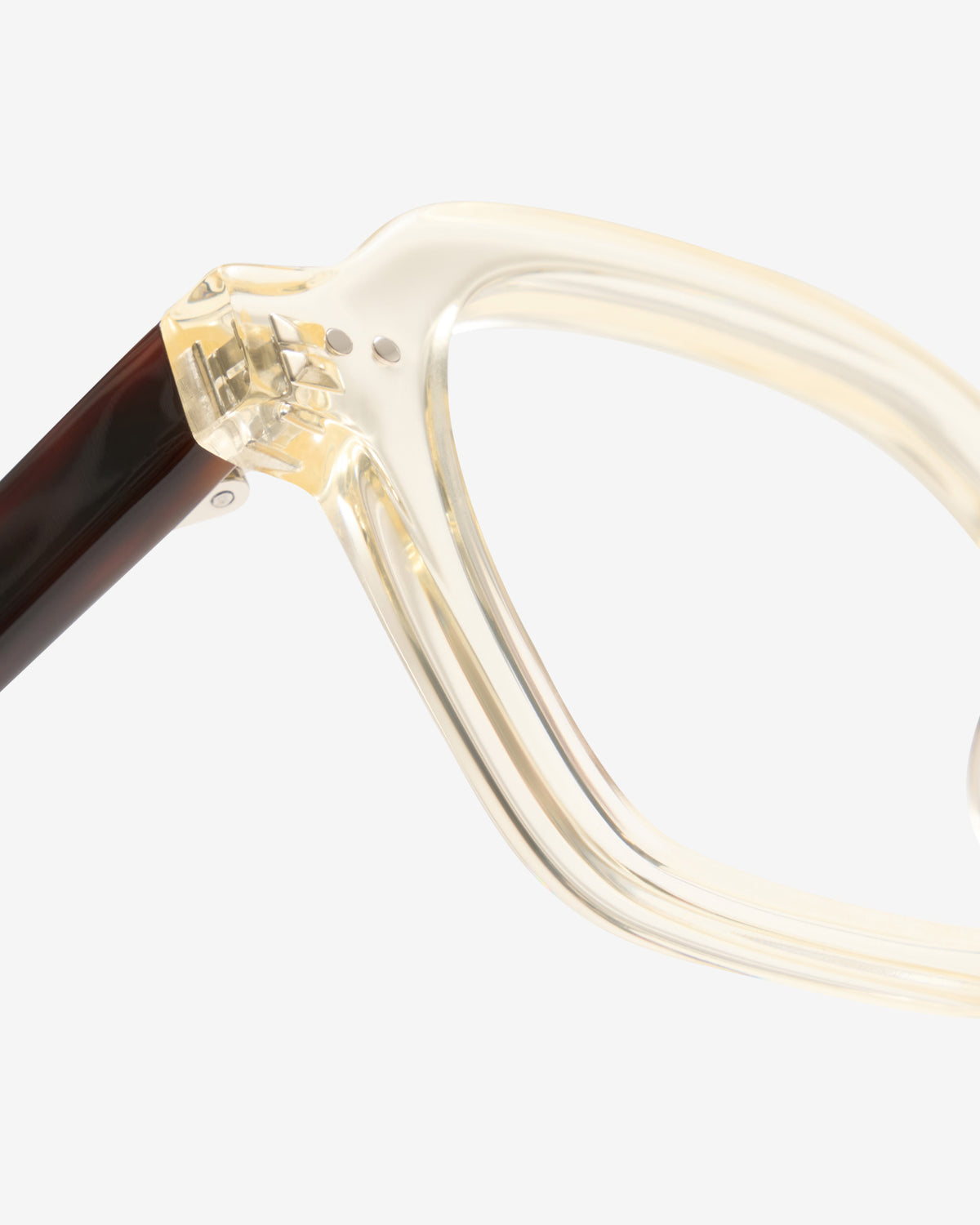 Monture optique Orion Champagne — gros plan sur la charnière
